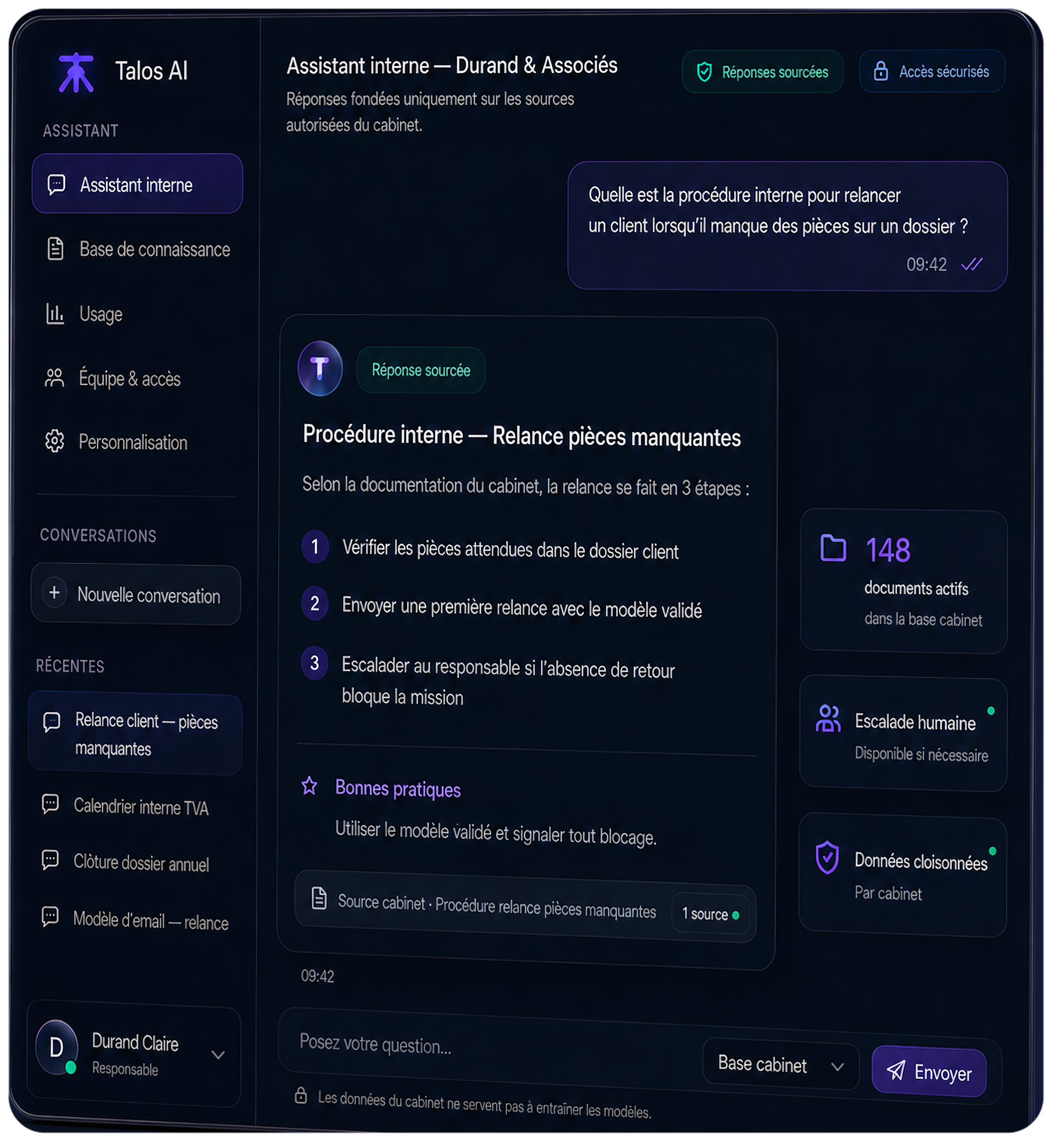 Interface Talos AI répondant à une question collaborateur avec sources cabinet visibles