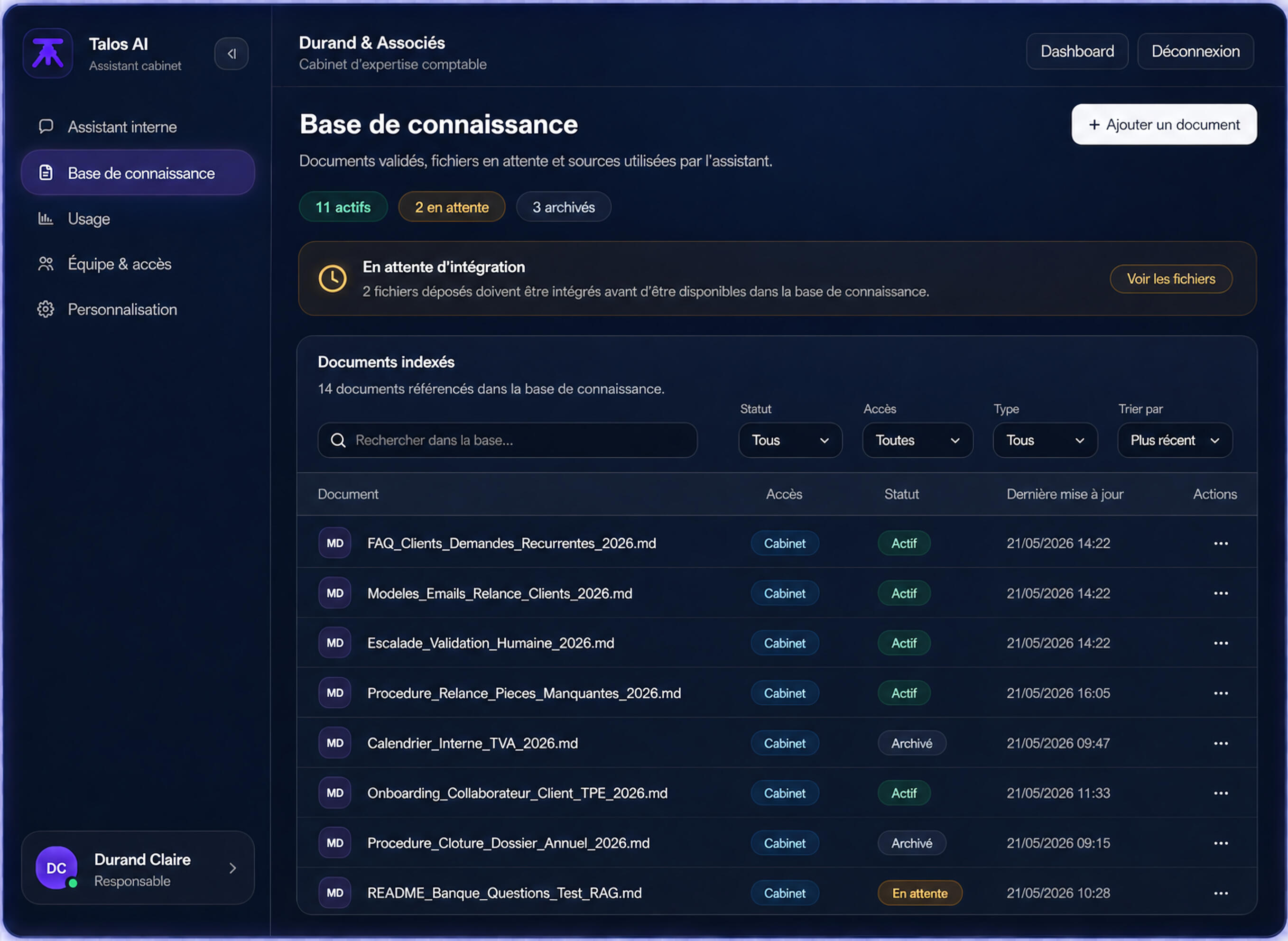 Mockup descriptif de l'assistant IA interne Base de connaissance Talos AI avec documents actifs, statuts et accès cabinet